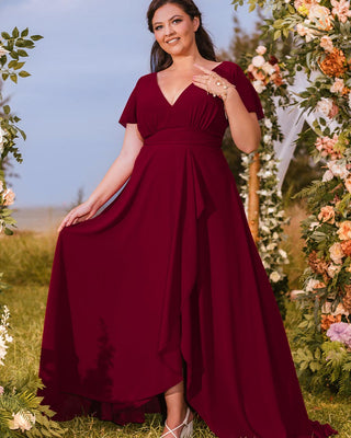 Plus Size Red Bridesmaid Dresses V Neck Chiffon