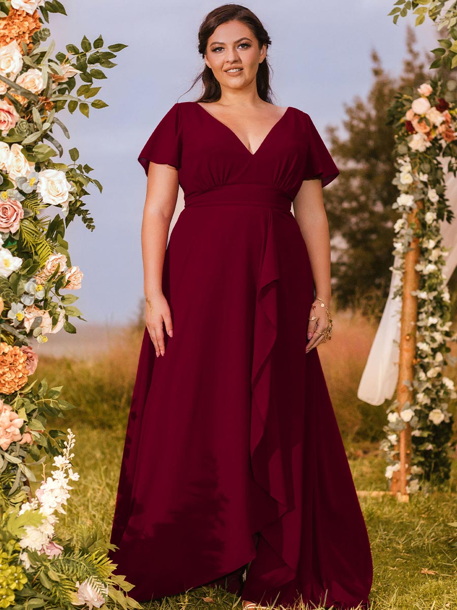 2024 Plus Size Red Bridesmaid Dresses V Neck Chiffon Burgundy / 16 2024 Plus Size Red Bridesmaid Dresses V Neck Chiffon Burgundy / 16