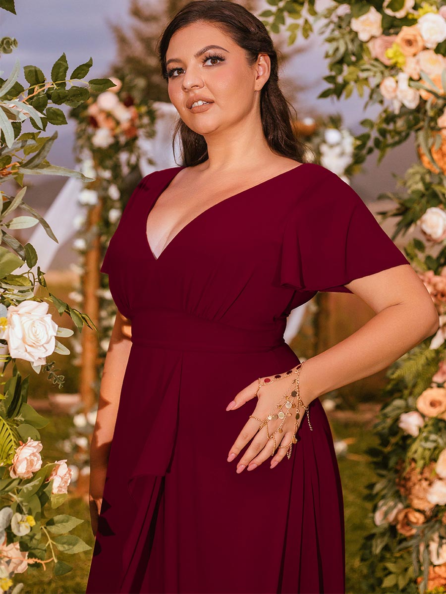 plus size red bridesmaid dresses 2024 Plus Size Red Bridesmaid Dresses V Neck Chiffon Burgundy / 16