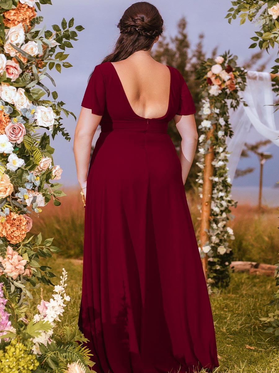 Plus Size Red Flutter Sleeve Bridesmaid Dresses BGDT016