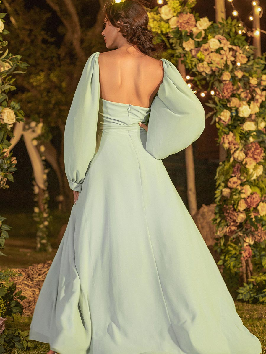 Winter Guest Long Bubble Sleeve Green Bridesmaid Dresses BGFL021