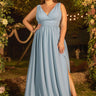 Plus Size A-Line Sleeveless Slip Blue V-Neck Slit and Floor Bridesmaid/Guest Dresses