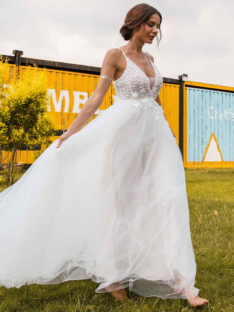 Country V Neck A Line Wedding Dress-Rustic Applique Princess Gowns White / US:10-12 Country V Neck A Line Wedding Dress-Rustic Applique Princess Gowns White / US:10-12