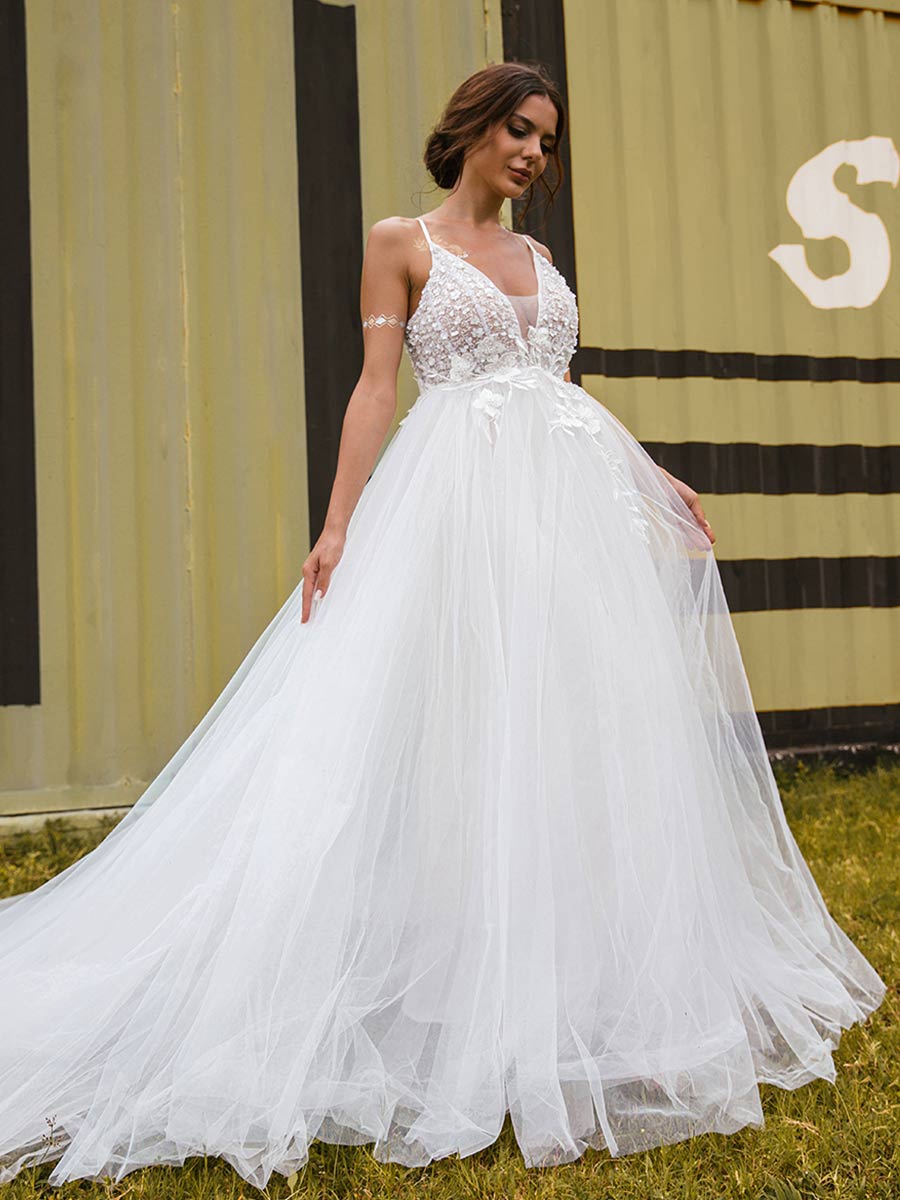 Country V Neck A Line Wedding Dress-Rustic Applique Princess Gowns White / US:10-12 Country V Neck A Line Wedding Dress-Rustic Applique Princess Gowns White / US:10-12
