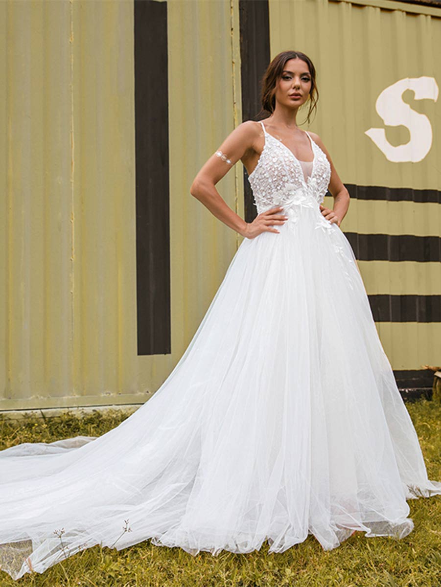 Country V Neck A line Wedding Dress-Rustic Applique Princess Gowns White / US:10-12 Country V Neck A line Wedding Dress-Rustic Applique Princess Gowns White / US:10-12