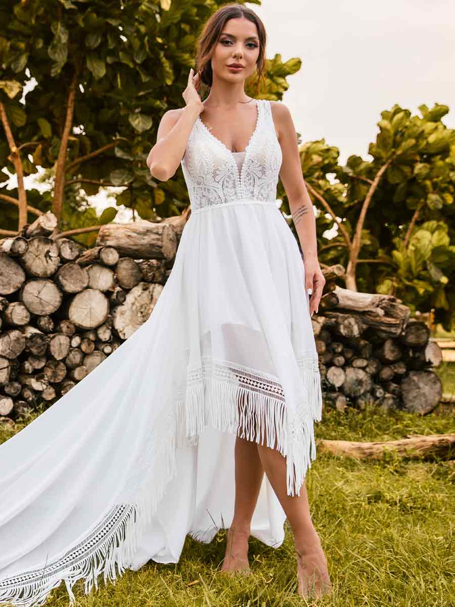 fringe boho wedding dress Bohemian Style Lace Fringe Wedding Dress Flare Long Sleeve Boho Wedding Dress Lace Tassel V Neck Zipper