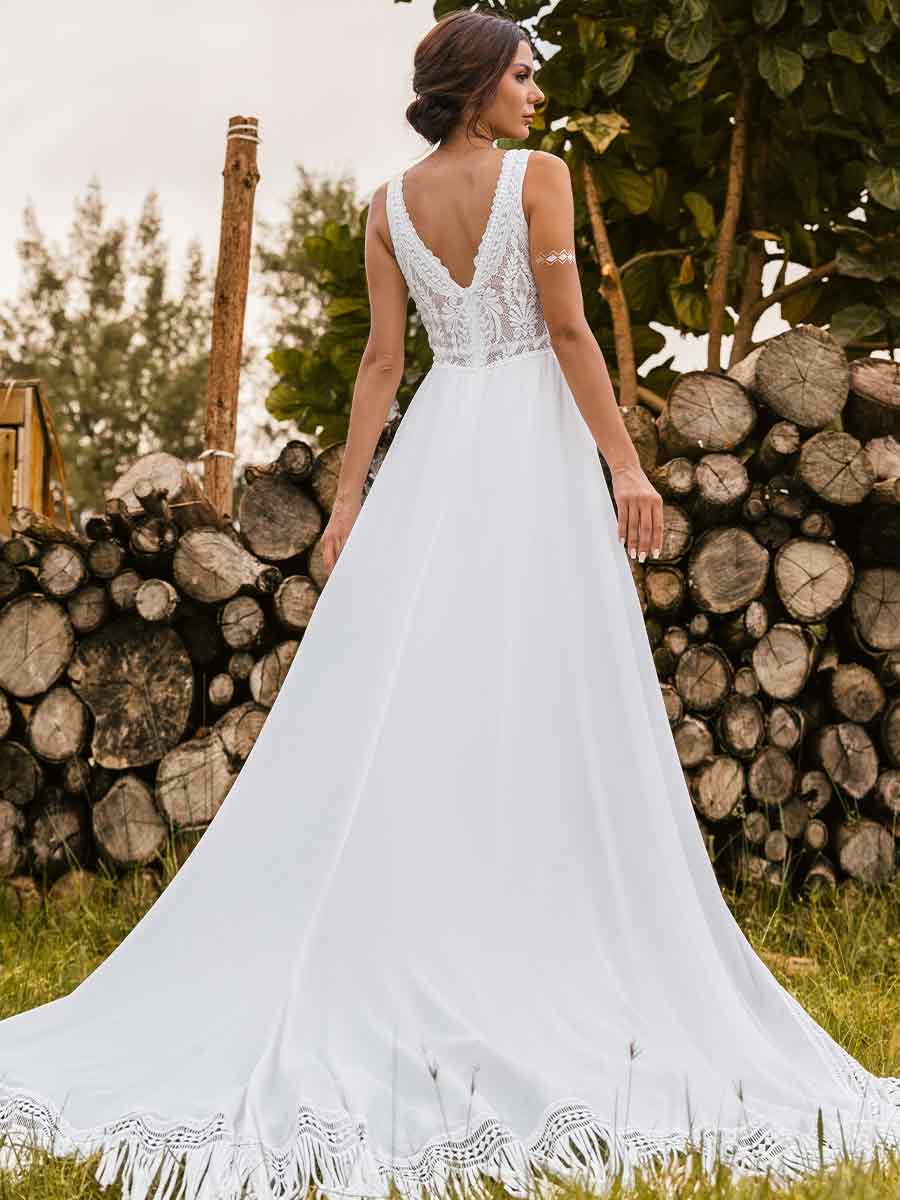 boho fringe wedding dress The Malorie Gown Bold Boho Fit-and-Flare Wedding Dress with Fringe Back