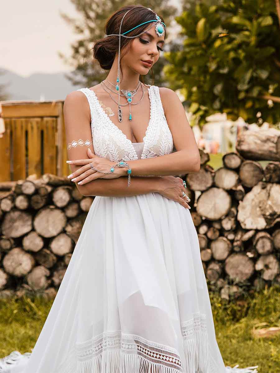 Boho High low Country Wedding Dresses V-neck A line Fringe