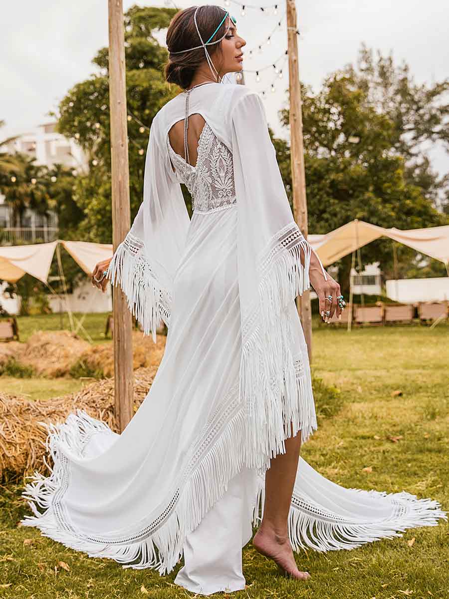 Boho High Low Country Wedding Dresses V-Neck A Line Fringe White / Customized Boho High Low Country Wedding Dresses V-Neck A Line Fringe White / Customized