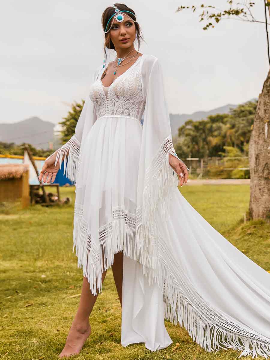 Boho High low Country Wedding Dresses V-neck A line Fringe White / Customized Boho High low Country Wedding Dresses V-neck A line Fringe White / Customized