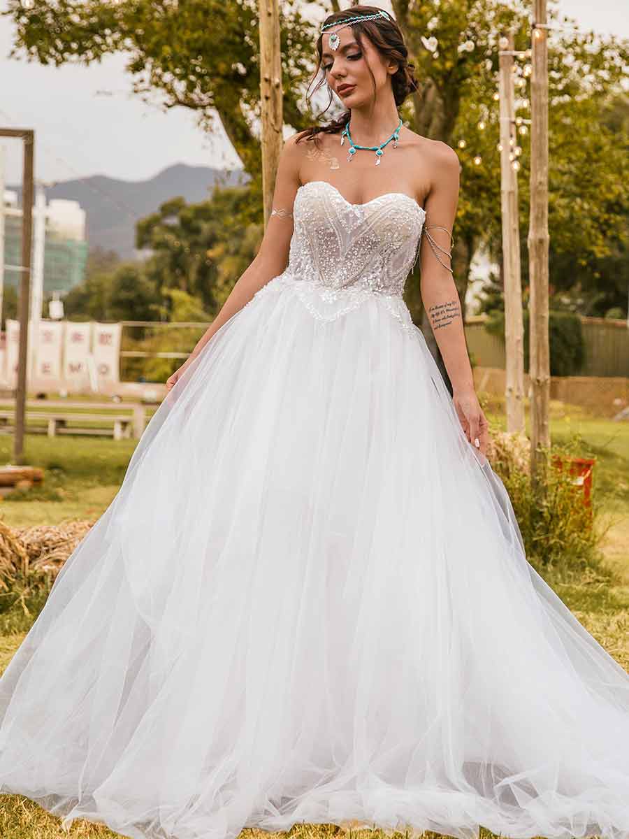 tulle skirt lace top wedding dress BABARONI BABARONI Tulle White Wedding Dresses A-line Illusion Long Sleeve Lace Chapel Train, White / US0