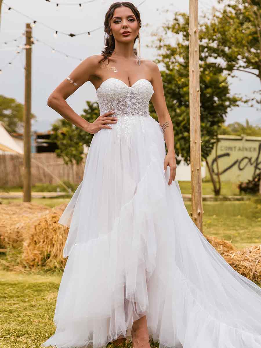 A-line Tulle Strapless High Low Country Wedding Dress