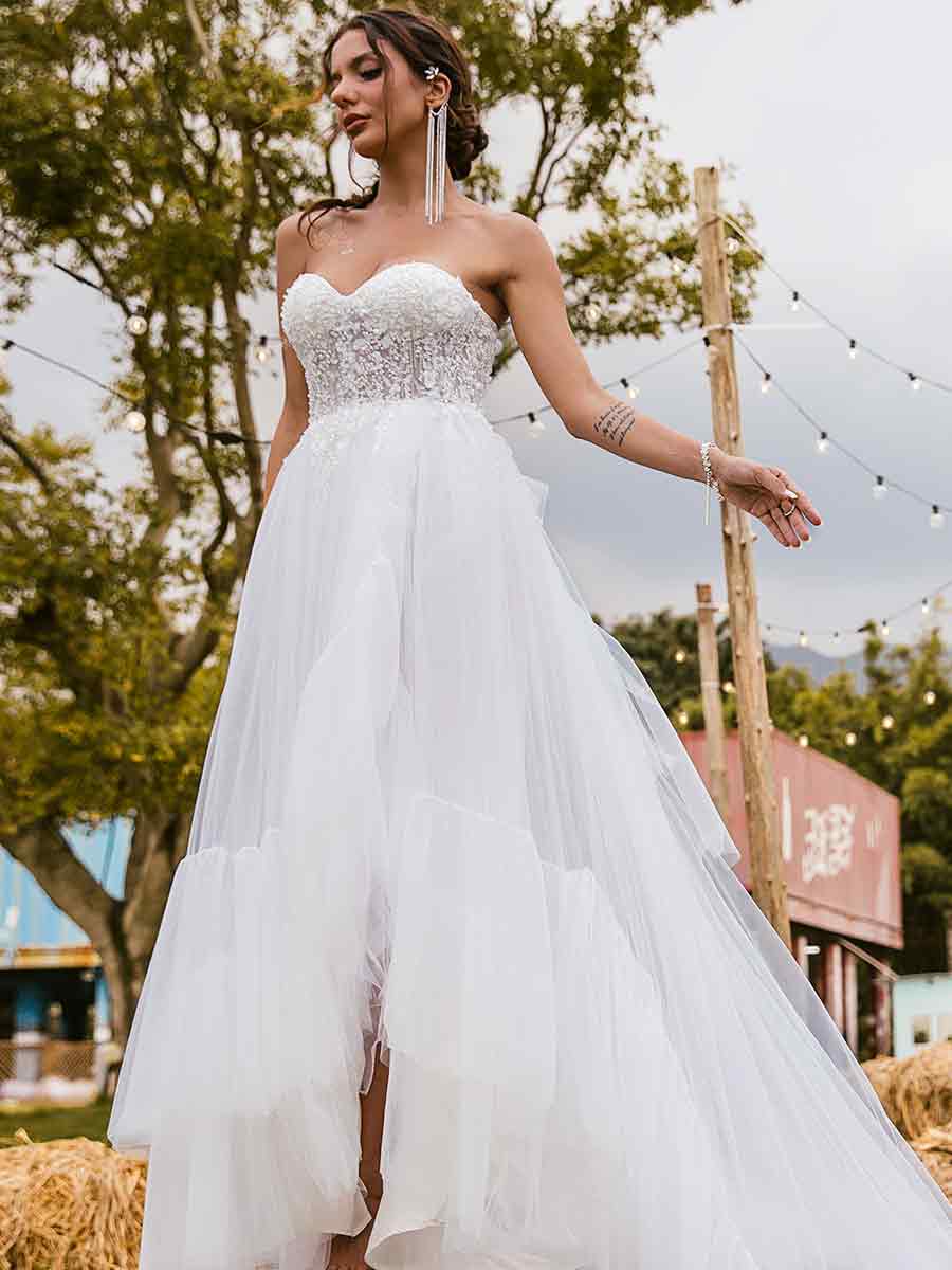 High Low Country Wedding Dress A-Line Tulle Strapless White / US:4-6 High Low Country Wedding Dress A-Line Tulle Strapless White / US:4-6