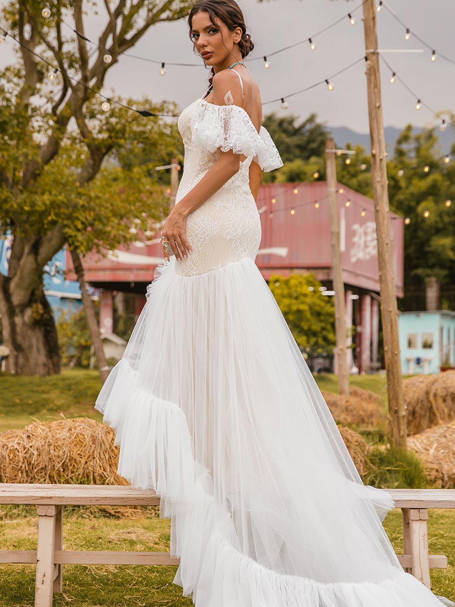 flutter sleeve lace wedding dress 66219: Clean Fit and Flare Dress with Cotton Lace Flutter Sleeves