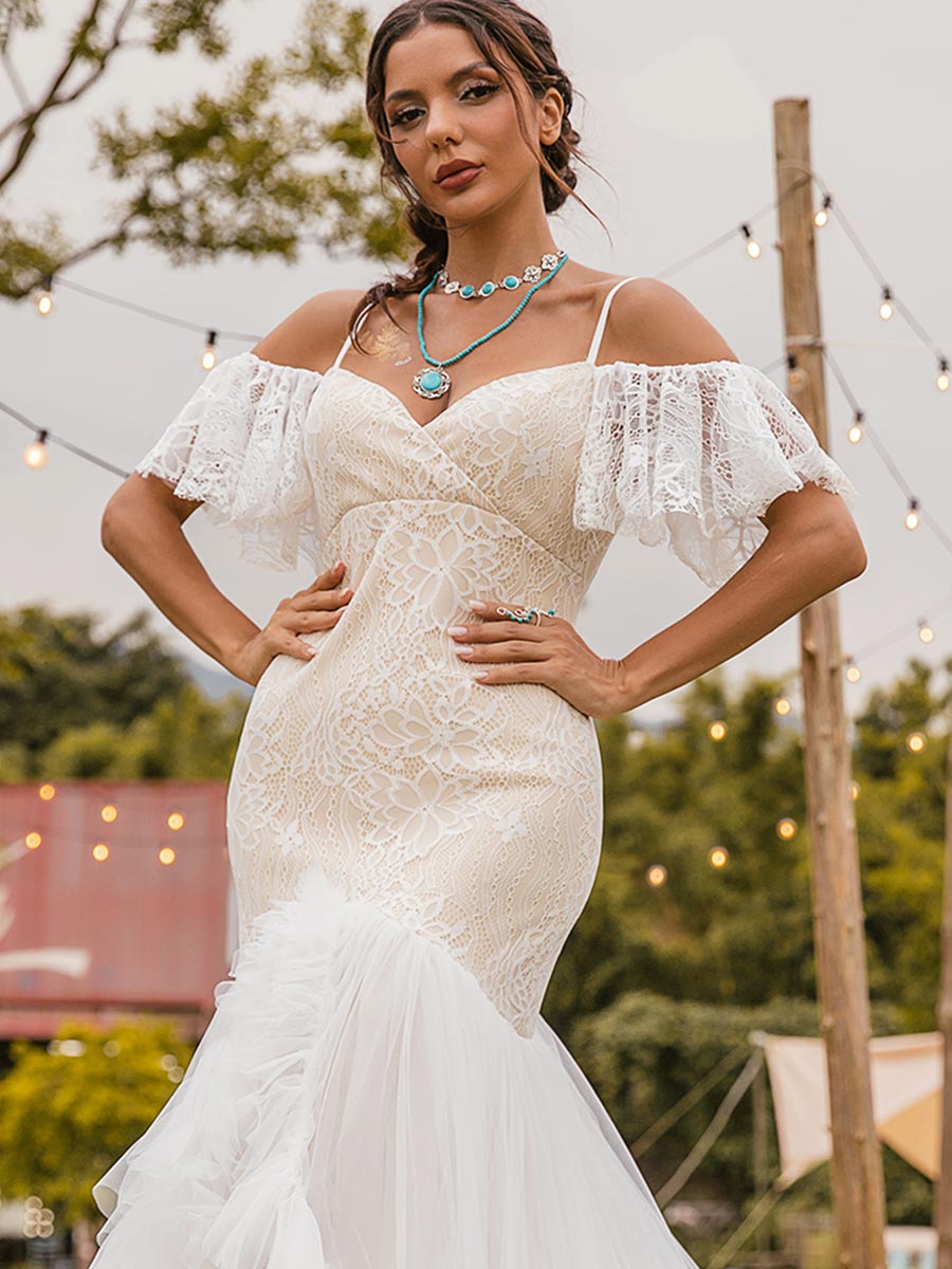 2024 Boho Flutter Sleeve Wedding Dress Tulle Lace Rustic White / US:10-12 2024 Boho Flutter Sleeve Wedding Dress Tulle Lace Rustic White / US:10-12