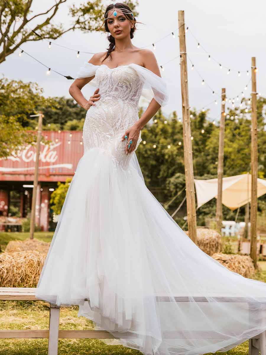 Off-shoulder Lace Appliques Mermaid Corset Back Wedding Dress