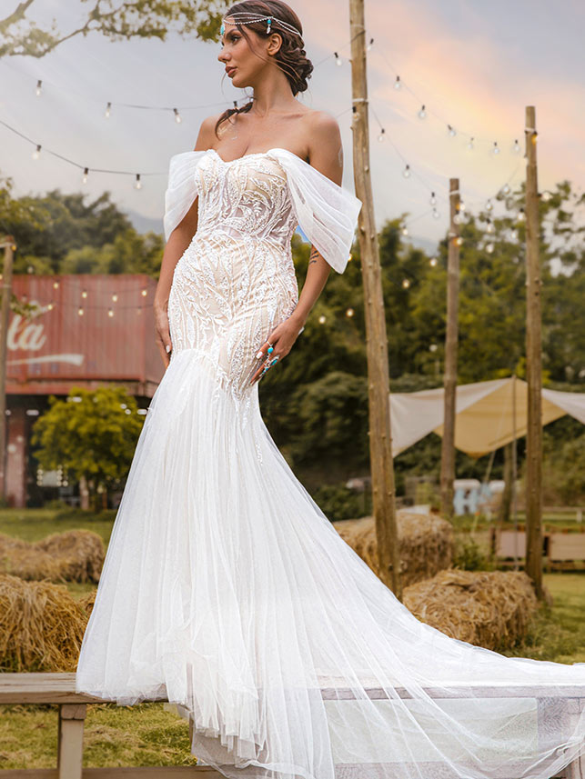 Elegant off-shoulder mermaid rustic wedding dress with lace appliques