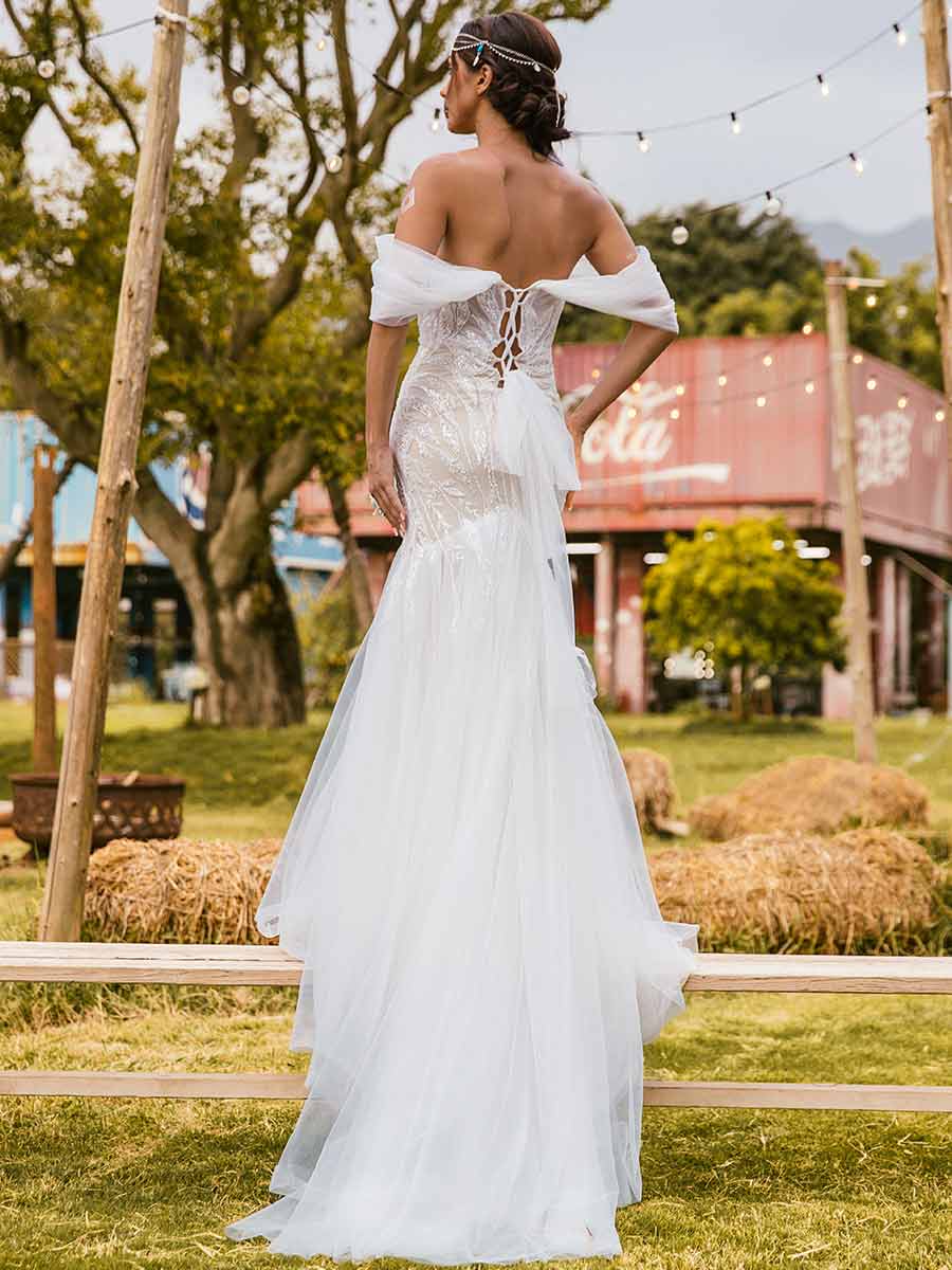 Sparkly Fit And Flare Wedding Dress Tulle Off The Shoulder White / US:4-6 Sparkly Fit And Flare Wedding Dress Tulle Off The Shoulder White / US:4-6