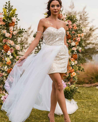 Short Wedding Dress With Detachable Skirt Glittering Gowns