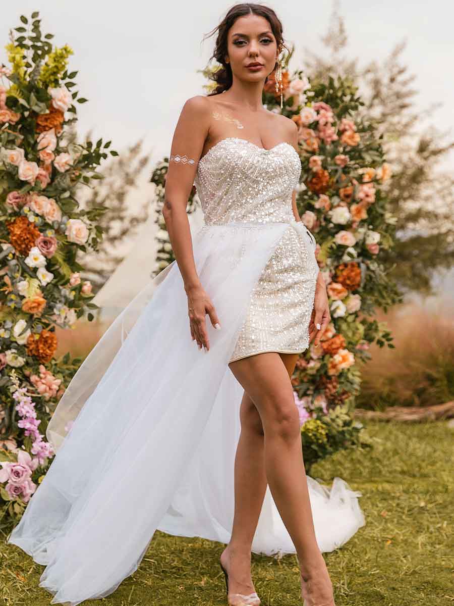 2025 Short Wedding Dress with Detachable Skirt Glittering Gowns Champagne / US:10-12 2025 Short Wedding Dress with Detachable Skirt Glittering Gowns Champagne / US:10-12