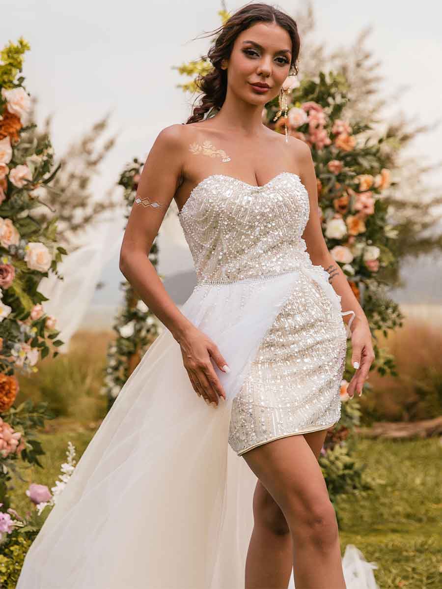 2025 Short Wedding Dress With Detachable Skirt Glittering Gowns Champagne / US:10-12 2025 Short Wedding Dress With Detachable Skirt Glittering Gowns Champagne / US:10-12