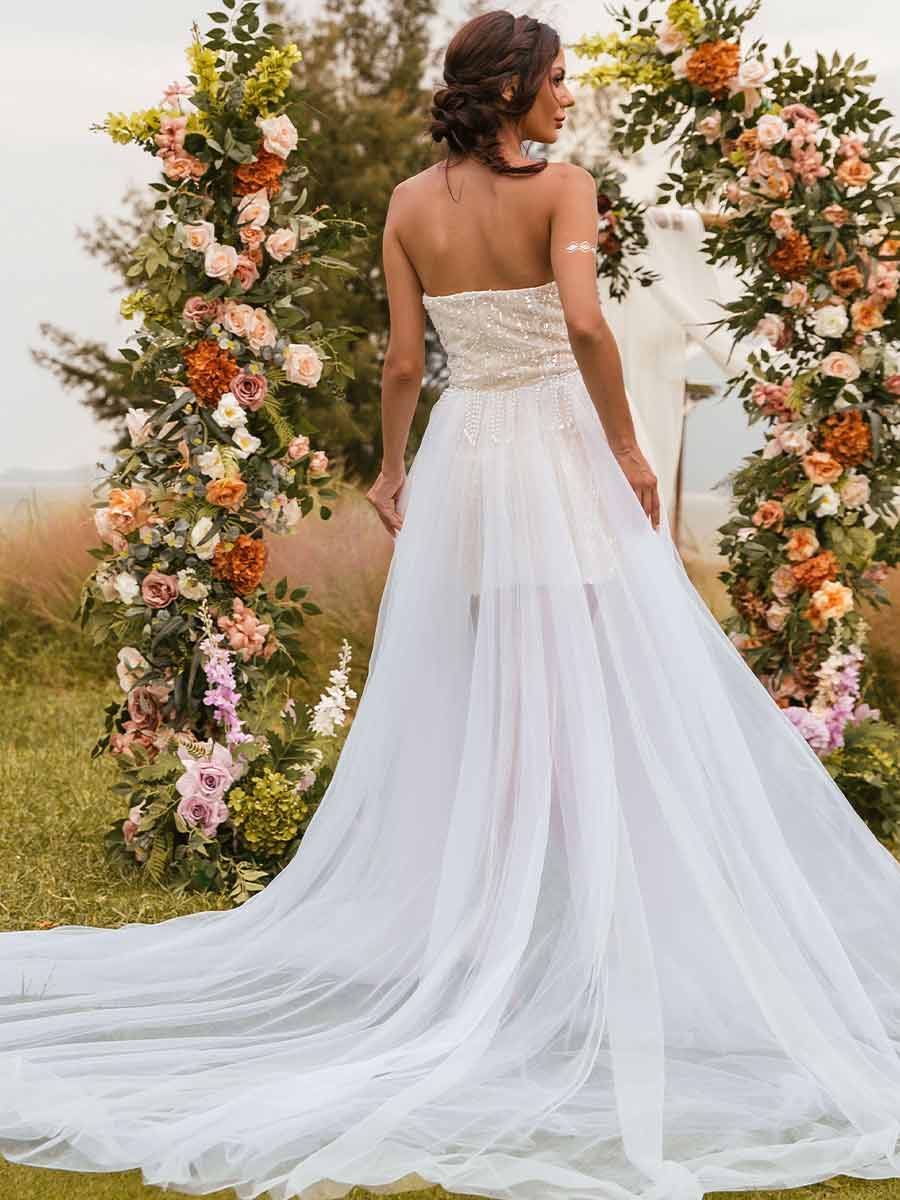 2025 Short Wedding Dress With Detachable Skirt Glittering Gowns Champagne / US:10-12 2025 Short Wedding Dress With Detachable Skirt Glittering Gowns Champagne / US:10-12