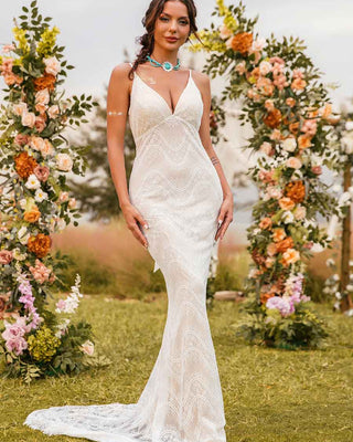 Boho V-neck Lace Mermaid Slip Rustic Wedding Dresses