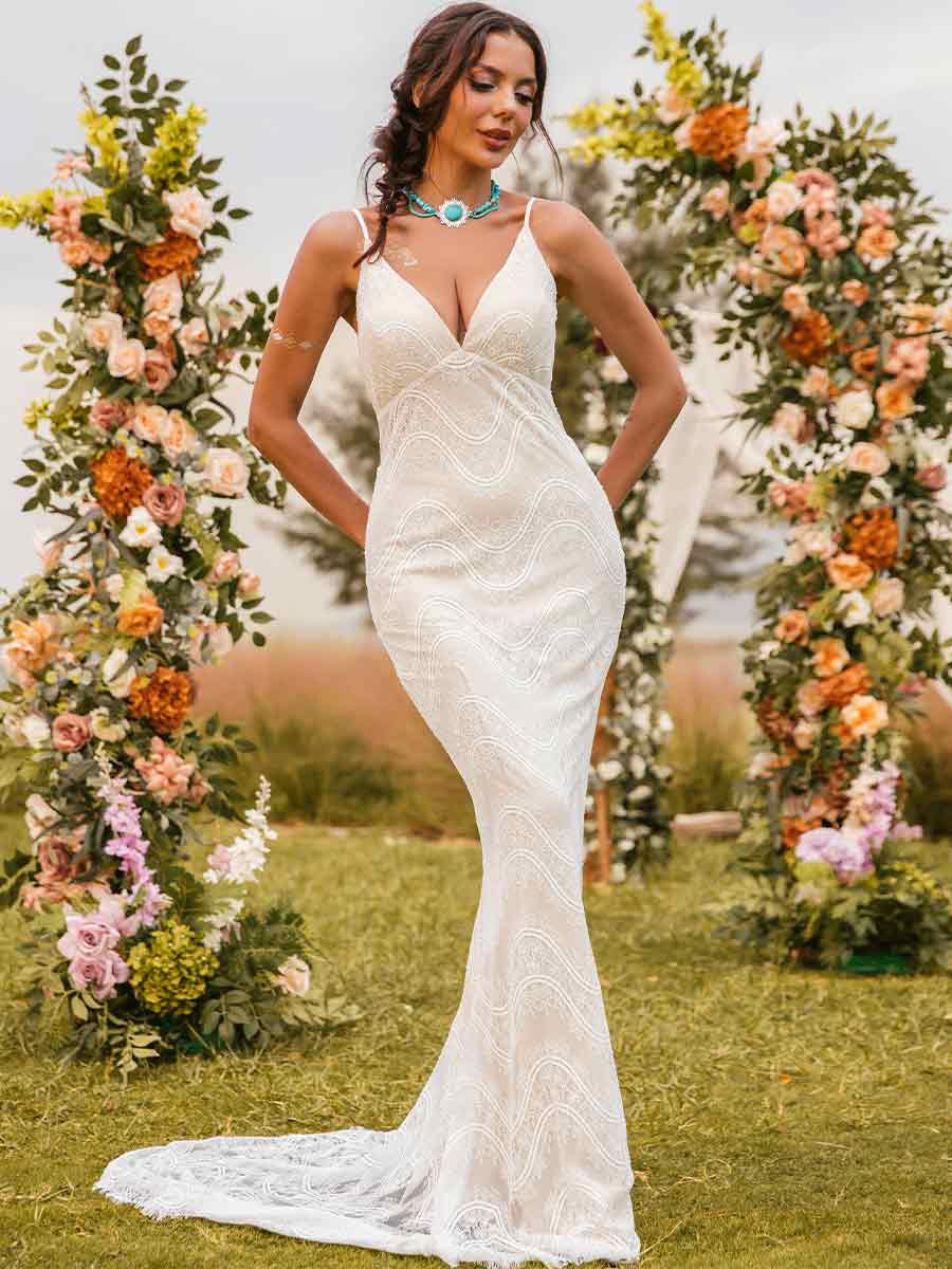 V Neck Mermaid Wedding Dresses Boho Lace Slip Overlay White / US:10-12 V Neck Mermaid Wedding Dresses Boho Lace Slip Overlay White / US:10-12