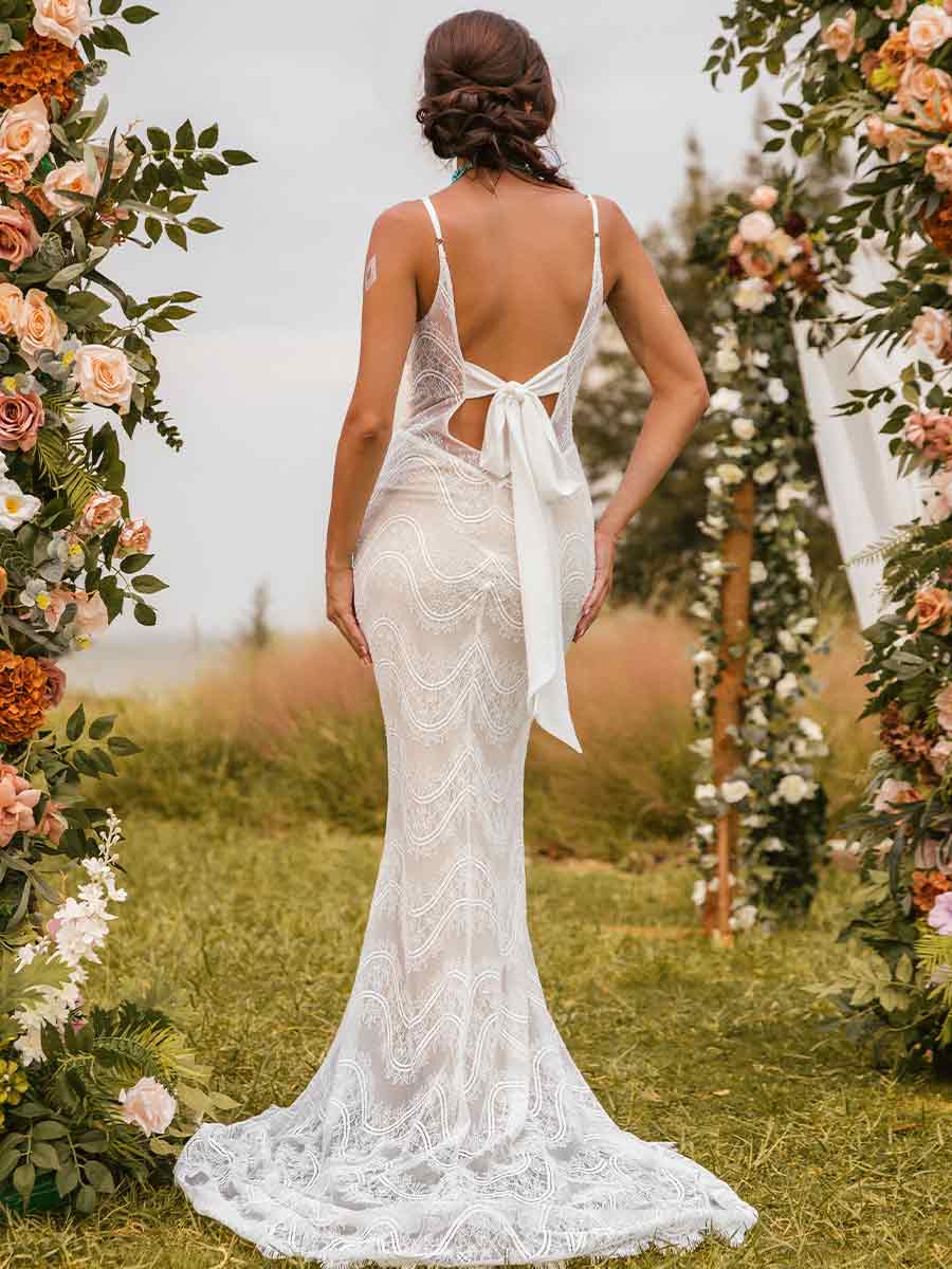 V Neck Mermaid Wedding Dresses Boho Lace Slip Overlay White / US:10-12 V Neck Mermaid Wedding Dresses Boho Lace Slip Overlay White / US:10-12