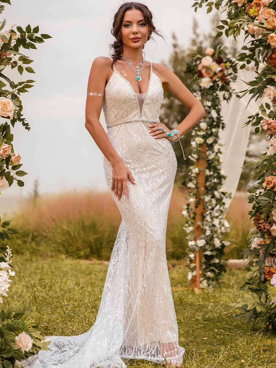 Mermaid Champagne Wedding Dress V-Neck Lace Glitter Champagne / US:4-6 Mermaid Champagne Wedding Dress V-Neck Lace Glitter Champagne / US:4-6