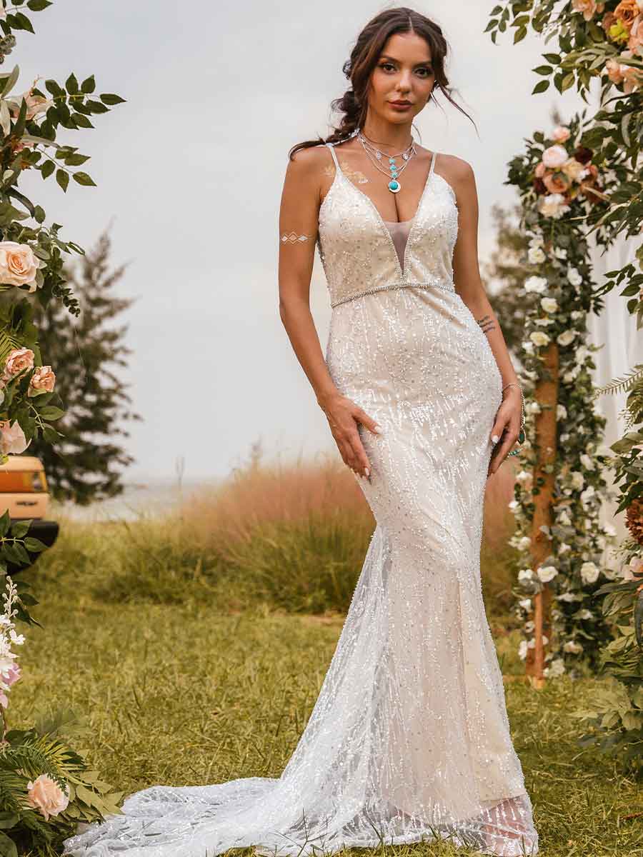 glitter lace wedding dress Mermaid Champagne Wedding Dress V-Neck Lace Glitter Champagne / US:4-6