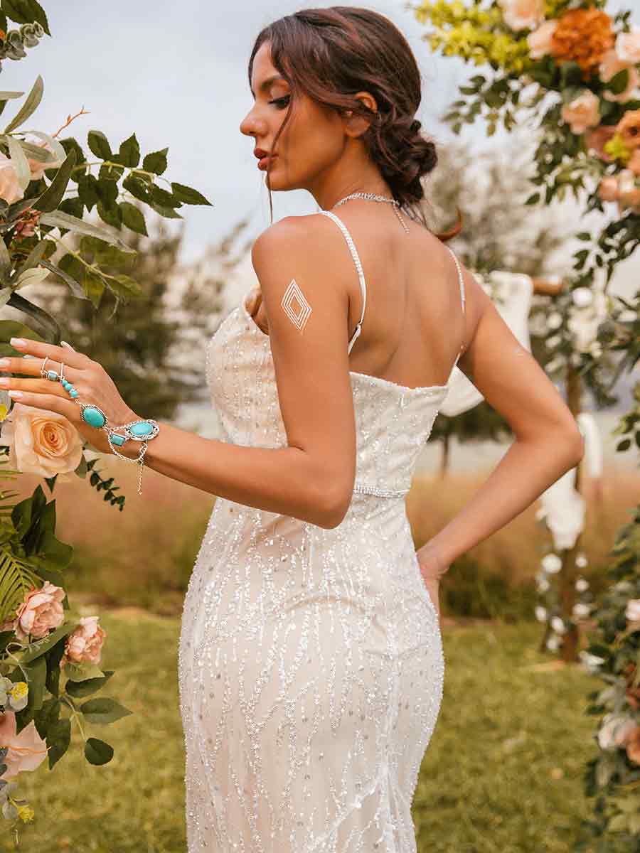 Glitter Slip Lace V-neck White Mermaid Wedding Dress