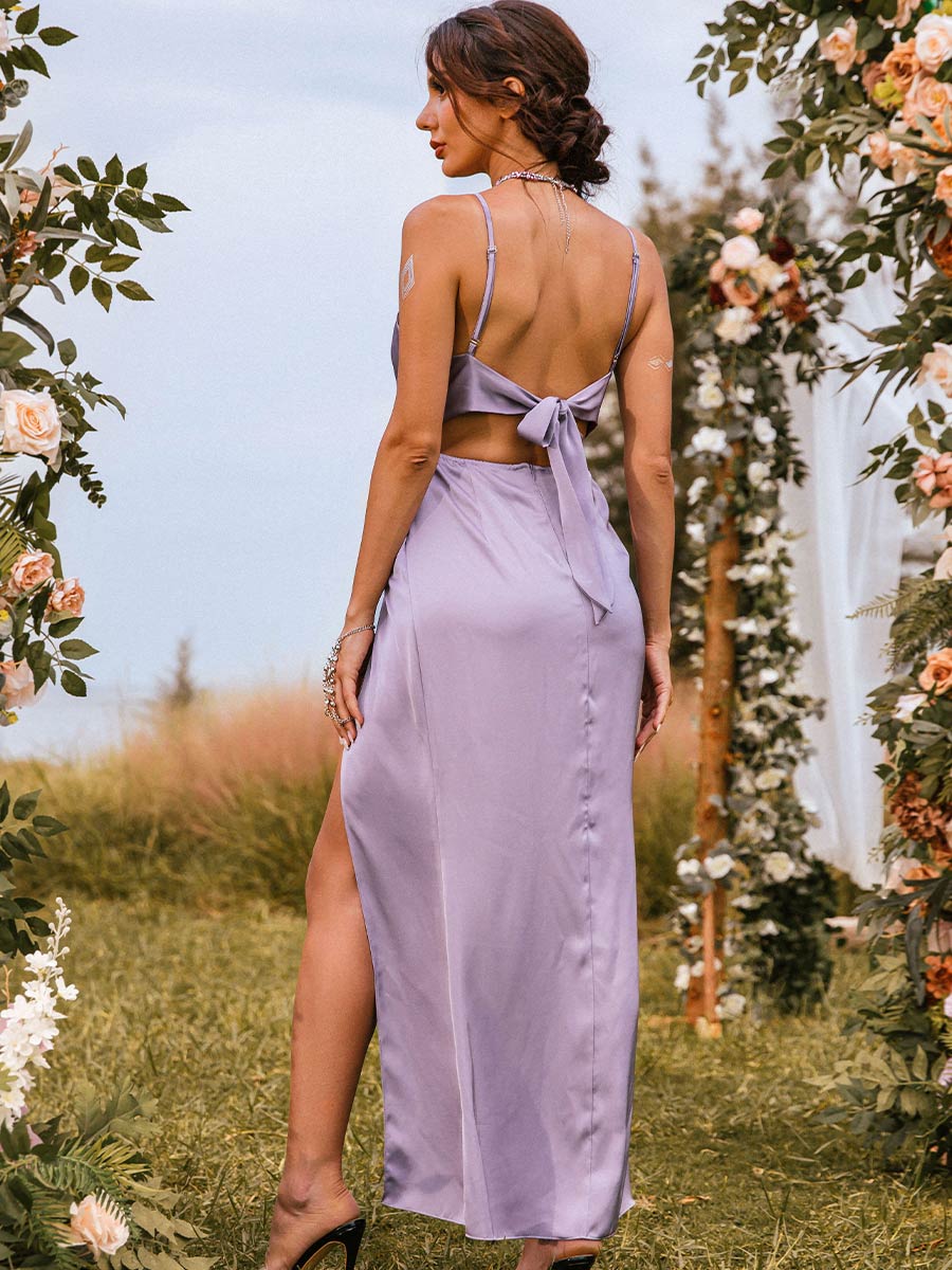 Slip V-Neck Pale Purple High Cut Bridesmaid Dresses BGDL013