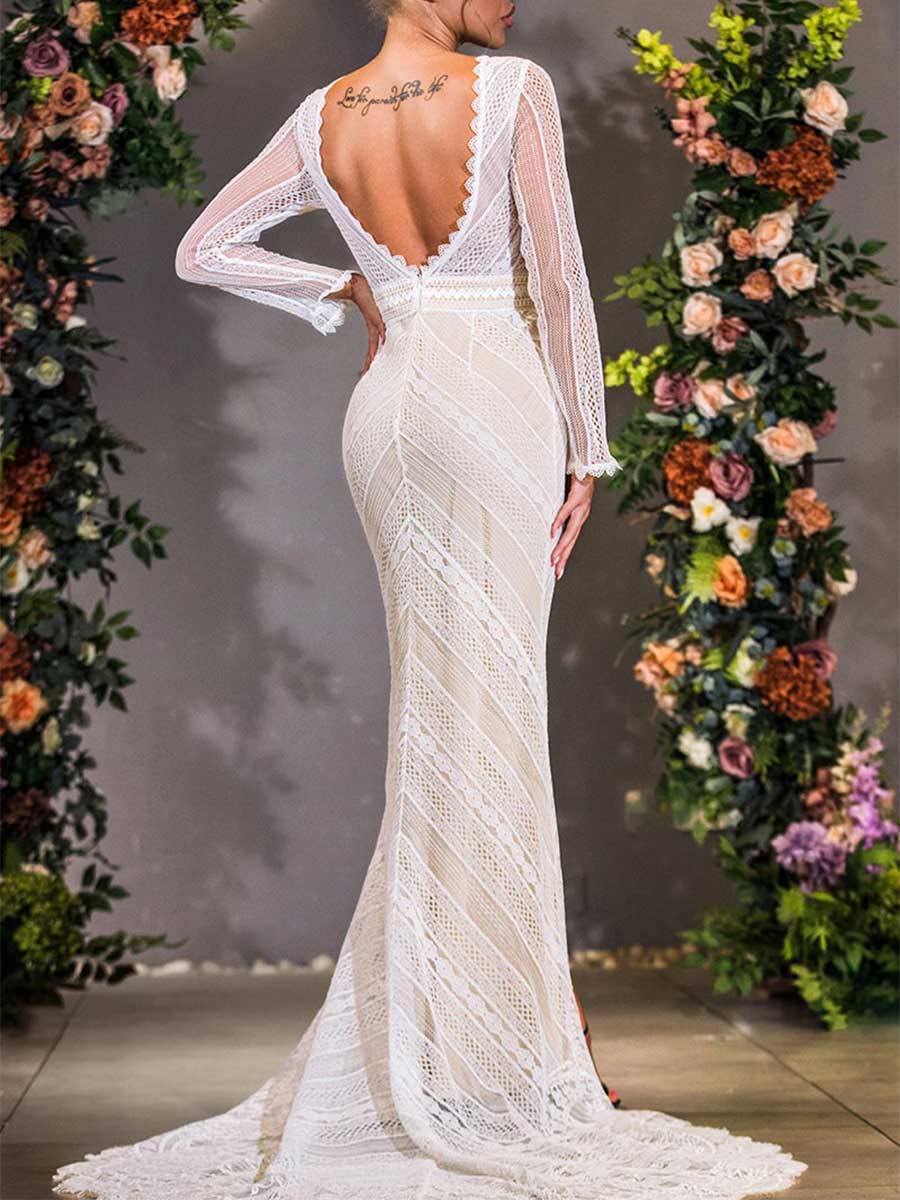 Winter Mermaid Lace Long Sleeve V-Neck Wedding Dress