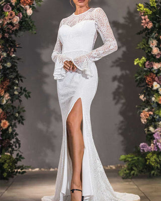 Long-Sleeve Lace Mermaid Wedding Dress with Open Back