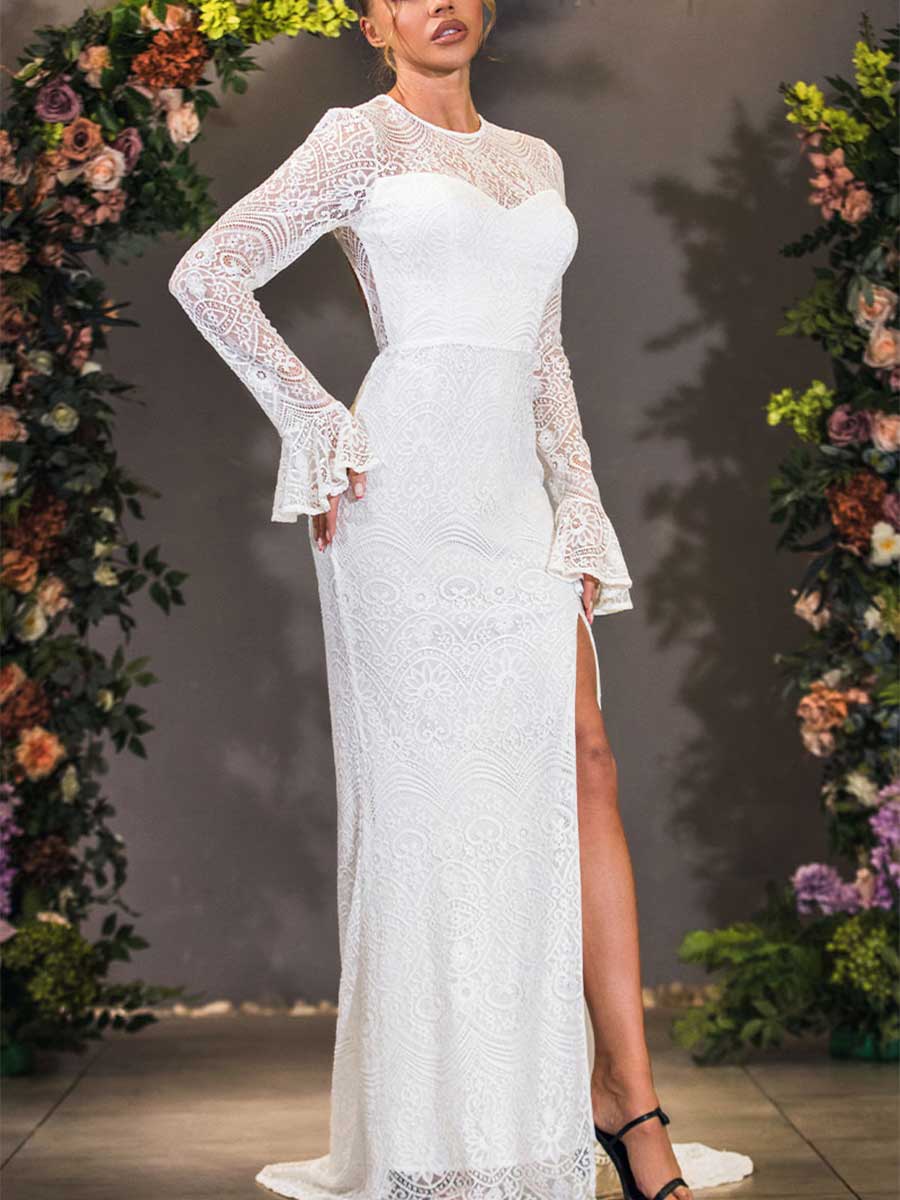 Long-Sleeve Lace Mermaid Wedding Dress with Open Back