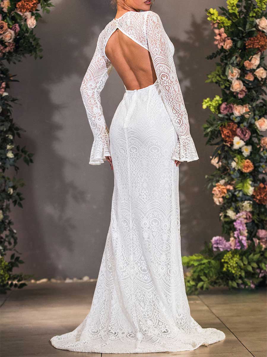Long-Sleeve Lace Mermaid Wedding Dress with Open Back