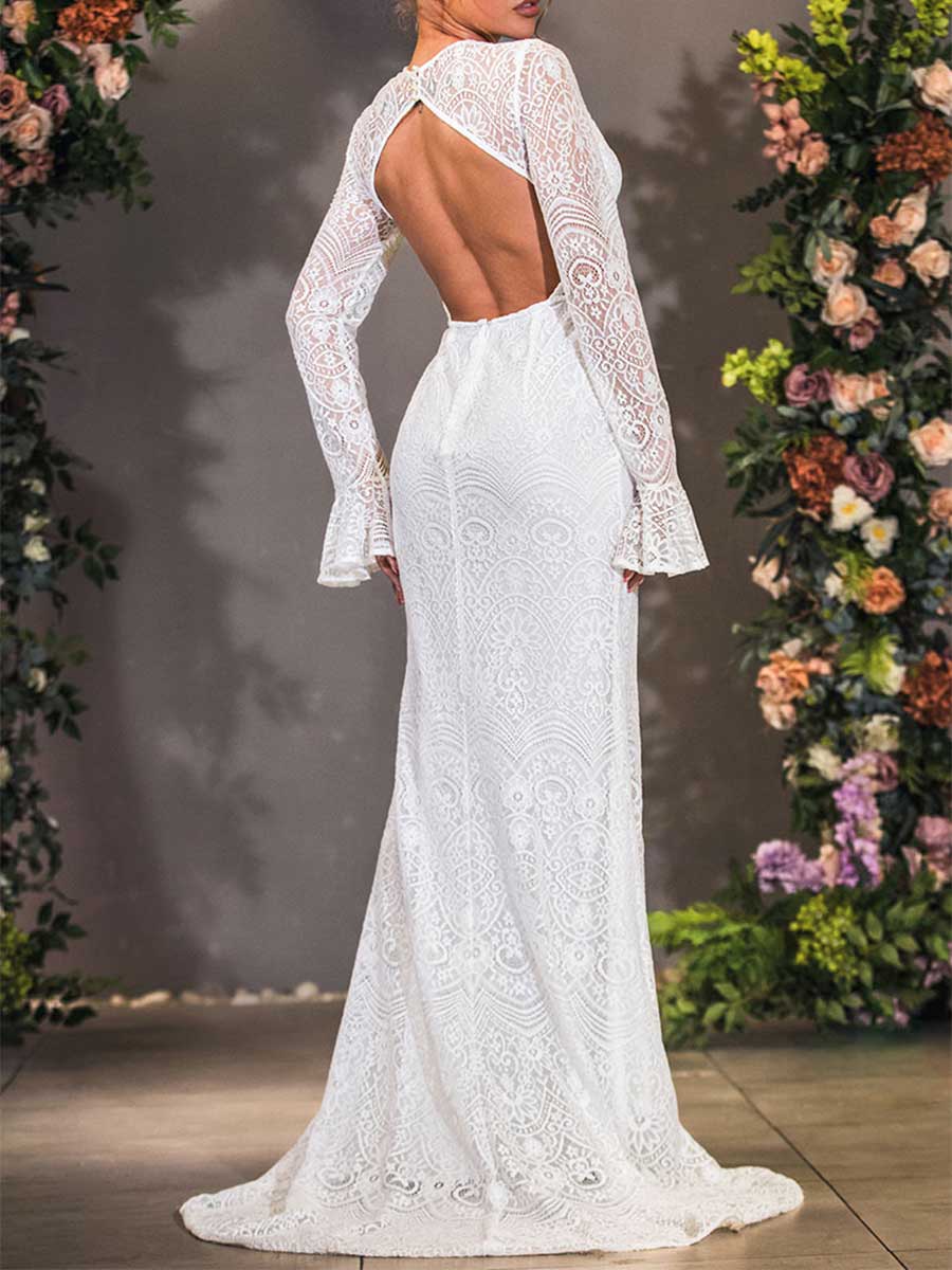 Long Lace Bell Sleeve Wedding Dress Open Back Mermaid White / US:10-12 Long Lace Bell Sleeve Wedding Dress Open Back Mermaid White / US:10-12