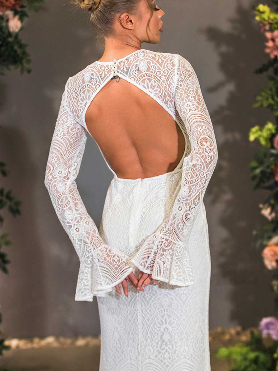 Long Lace Bell Sleeve Wedding Dress Open Back Mermaid White / US:10-12 Long Lace Bell Sleeve Wedding Dress Open Back Mermaid White / US:10-12
