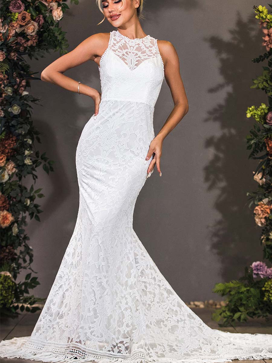Lace High-Neck Mermaid Wedding Dress Sleeveless Fit And Flare