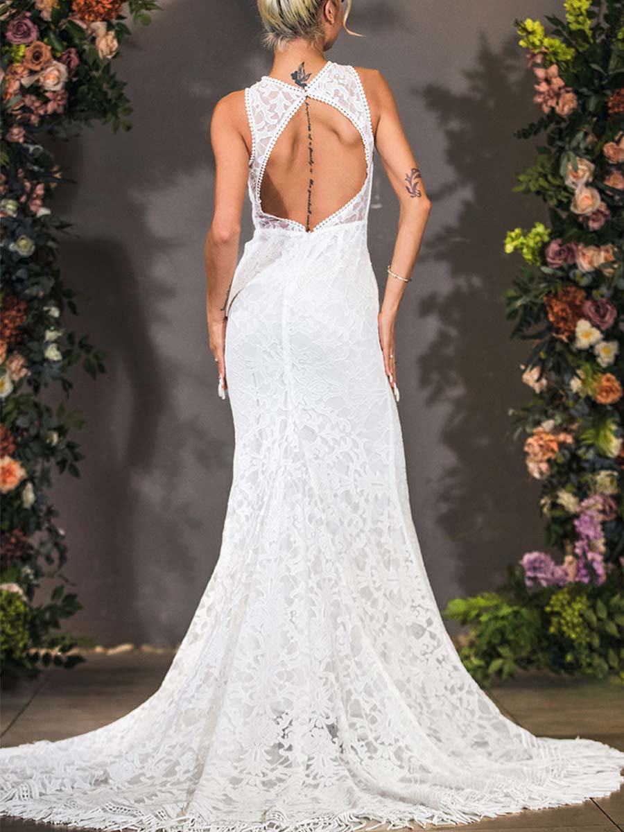 2024 High Neck Fit And Flare Wedding Dress Lace Sleeveless White / US:8-10 2024 High Neck Fit And Flare Wedding Dress Lace Sleeveless White / US:8-10