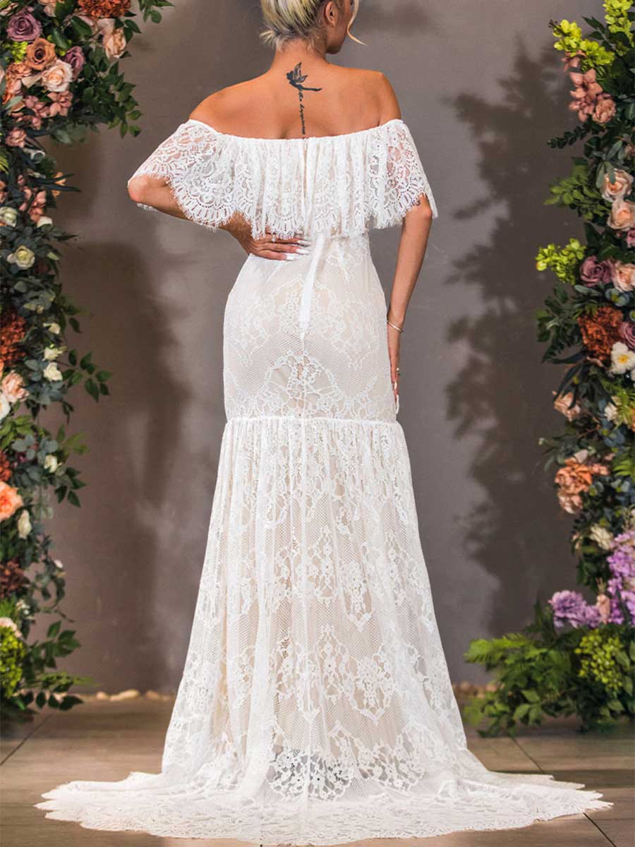 Country Lace Mermaid Wedding Dress, Flutter Sleeve Fit And Flare