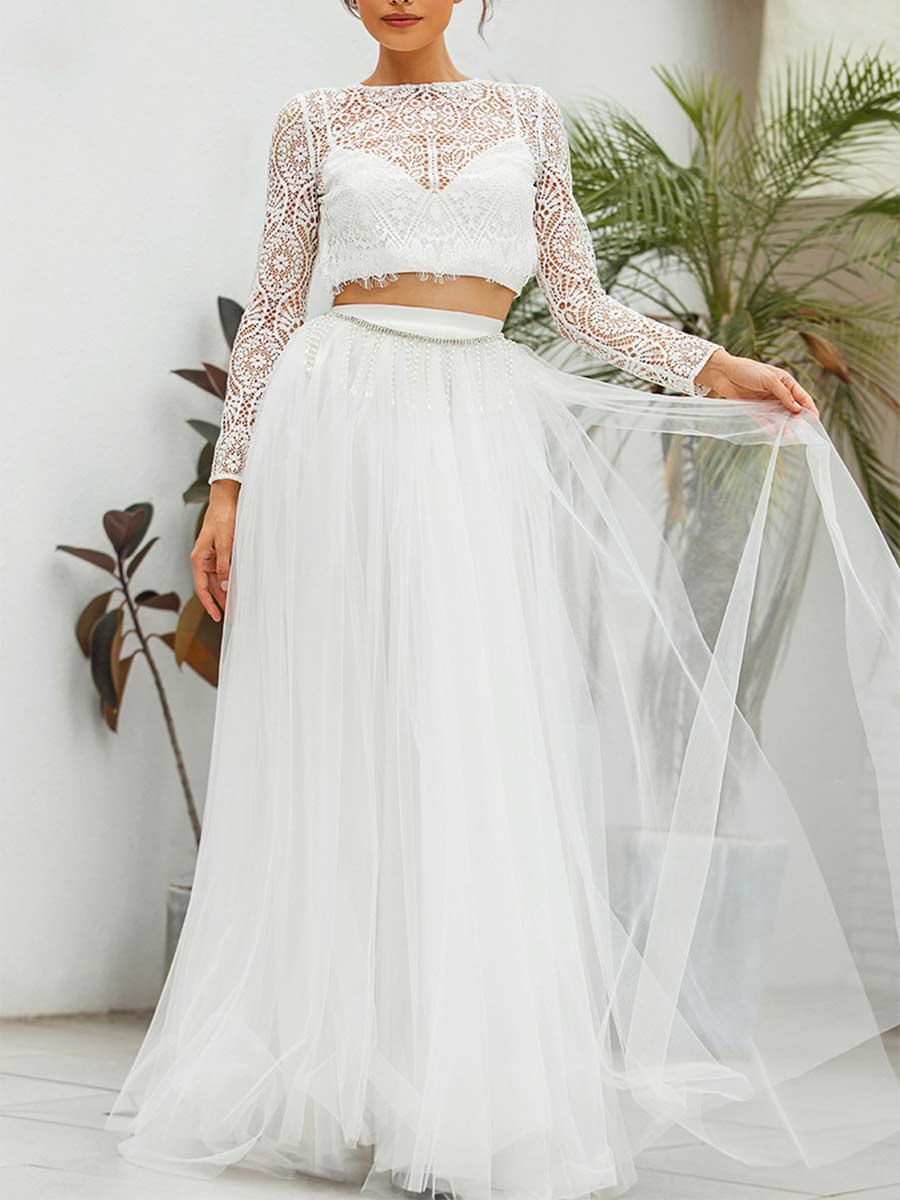 Boho-Inspired Three-Piece Lace Floral A-Line Wedding Dress