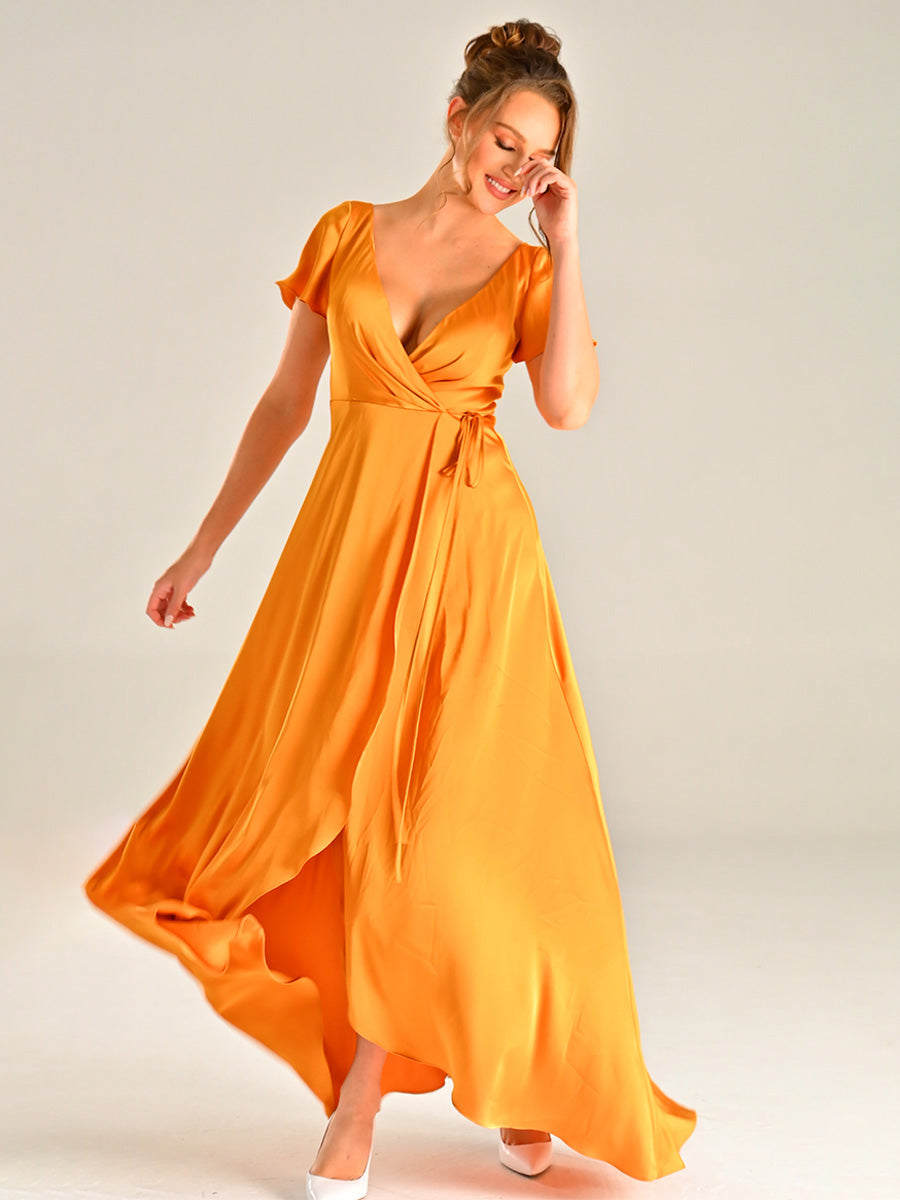 Golden Yellow Bridesmaid Dress Chiffon High Slit Orange / 0 Golden Yellow Bridesmaid Dress Chiffon High Slit Orange / 0