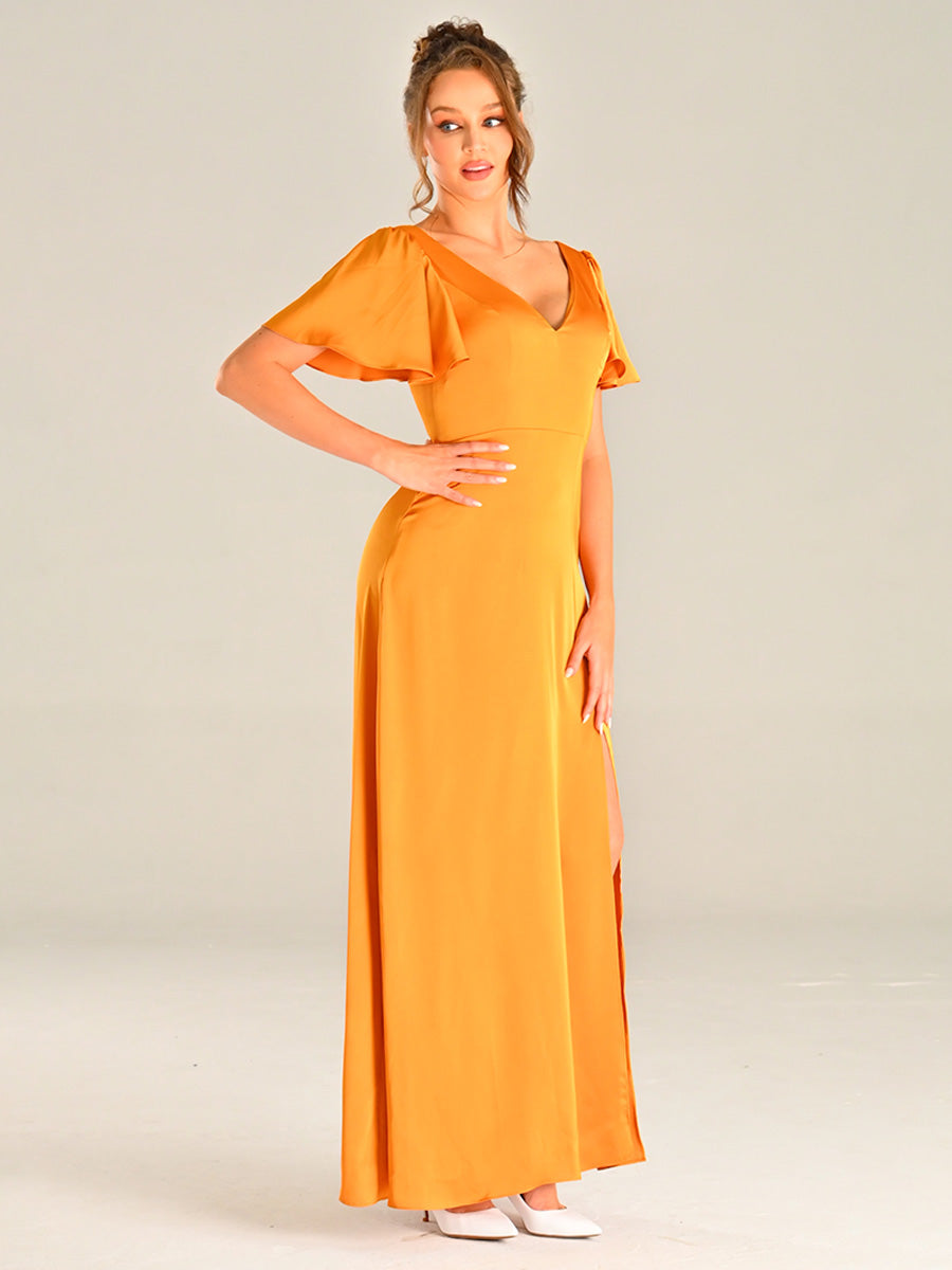 Golden Yellow Bridesmaid Dress Chiffon High Slit Orange / 0 Golden Yellow Bridesmaid Dress Chiffon High Slit Orange / 0