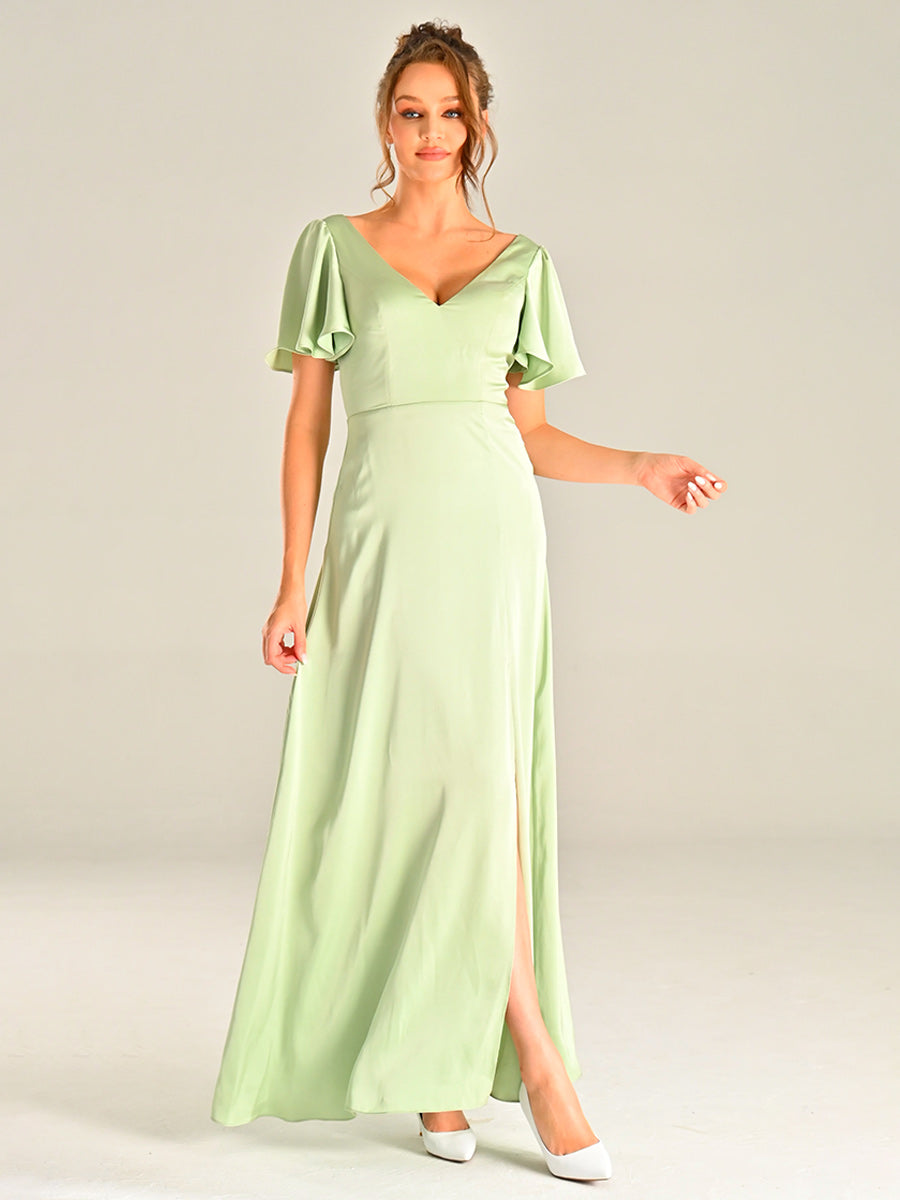 Light Green Bridesmaid Dresses V-neck Flutter Sleeve