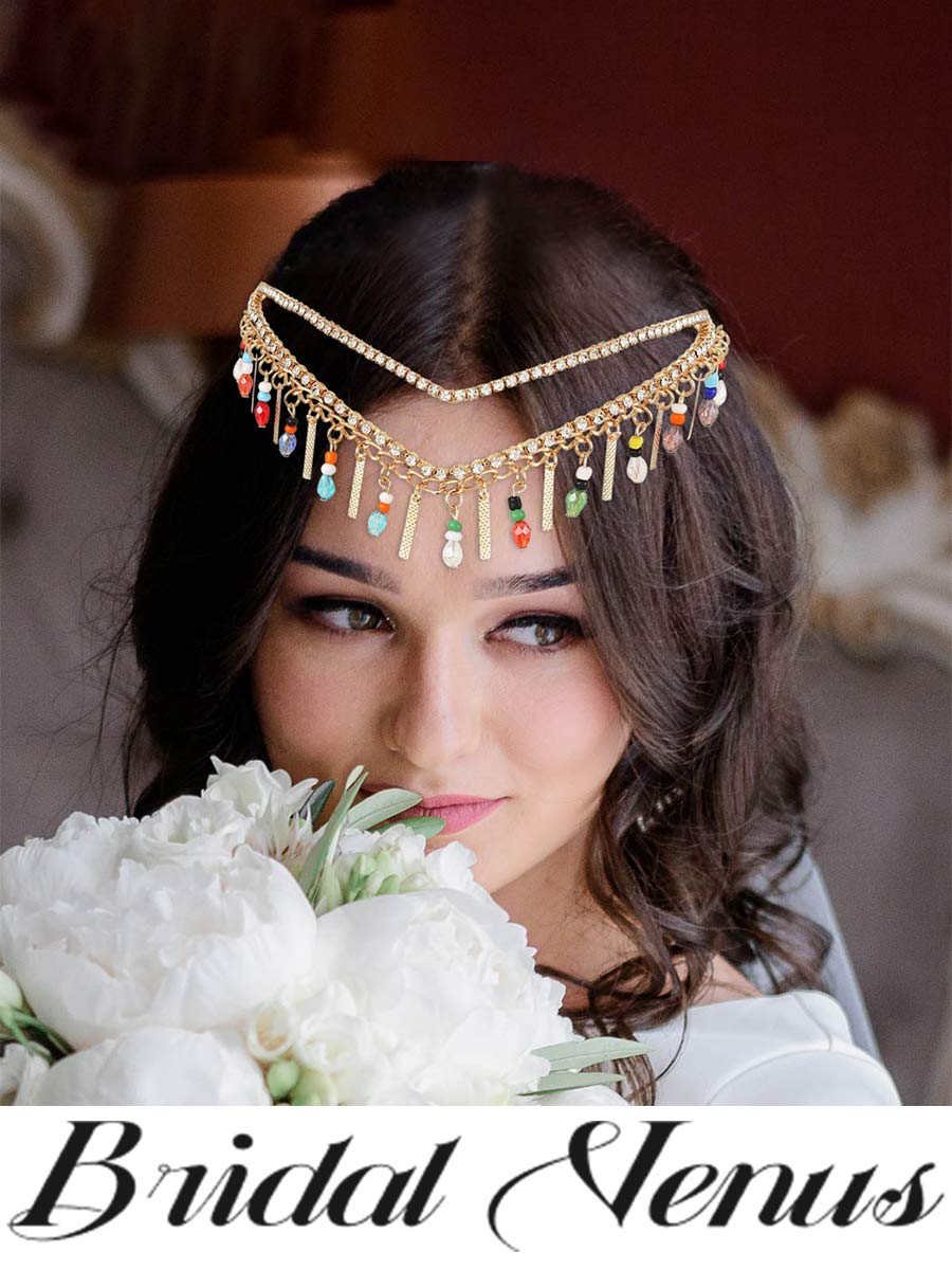 Diadema nupcial dorada, borla de diosa, cuentas de diamantes de imitación, tocado nupcial, accesorios para el cabello de boda 