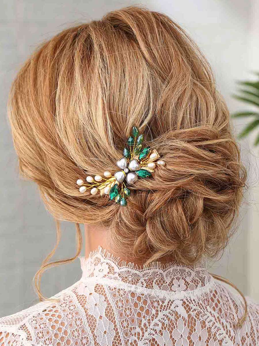 Clip de pelo de boda de cristal verde, pieza de pelo de perla dorada, pasador, accesorios para el cabello de novia de hoja 