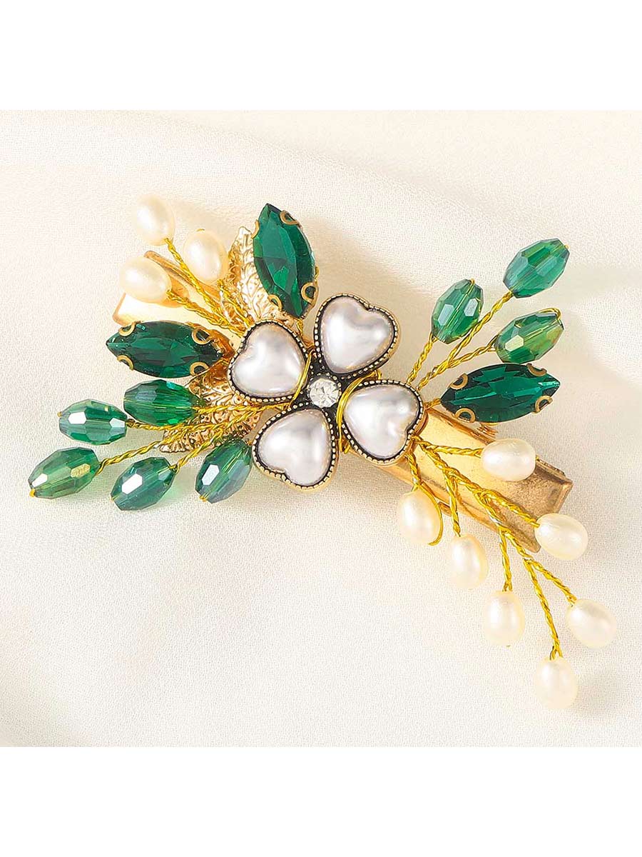 Clip de pelo de boda de cristal verde, pieza de pelo de perla dorada, pasador, accesorios para el cabello de novia de hoja 