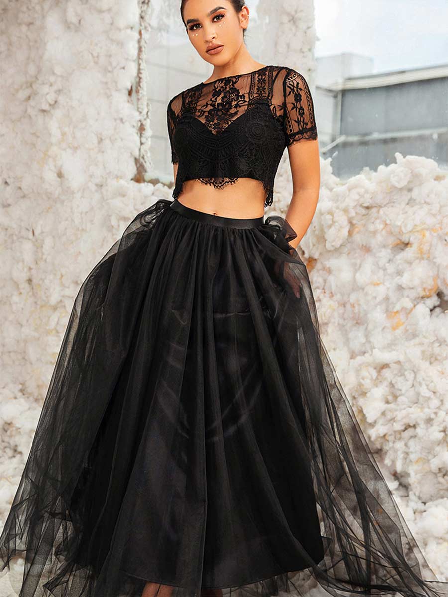 Black Two Piece Wedding Dress A-line Short Sleeve Black / US:10-12 Black Two Piece Wedding Dress A-line Short Sleeve Black / US:10-12